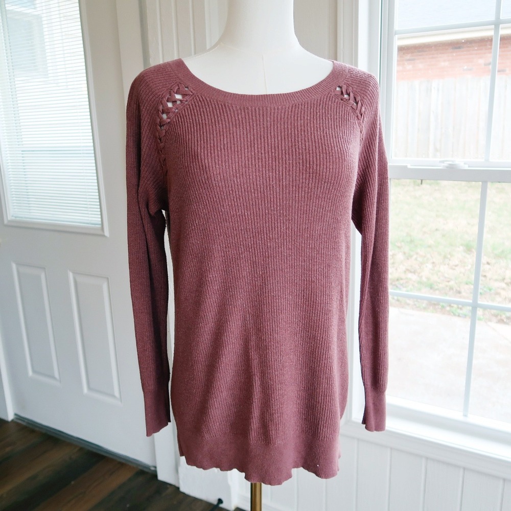 American Eagle Womens Pink‎ Ribbed Sweater S Criss Cross Knit Elena Gilbert 00s